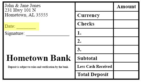 deposit slip with space for date highlighted