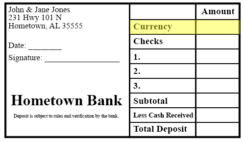 deposit slip with space for currency highlighted