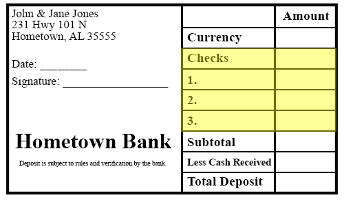deposit slip with space for check amounts highlighted