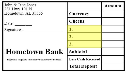 deposit slip with space for check numbers highlighted