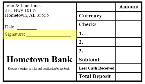 deposit slip with space for signature highlighted