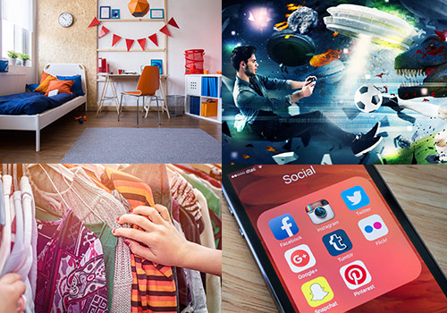 a bedroom, clothes in a closet, a boy playing video games, and social media apps on a cellphone
