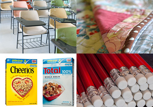 school desks, quilt, cereal boxes, and pencils