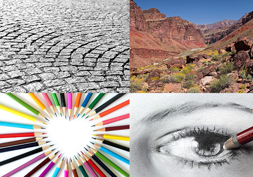 black and white photo of bricks, picture of a canyon, drawing of an eye, and colored pencils in the shape of a heart