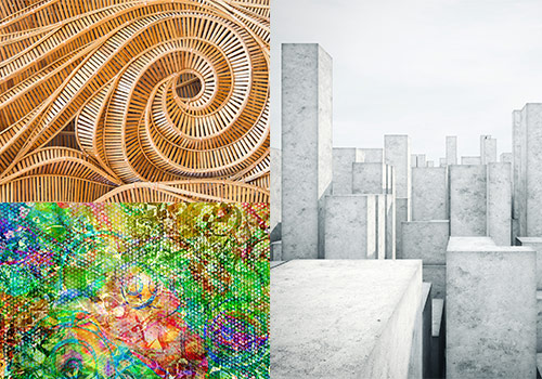 picture of wooden woven spiral design, colorful abstract painting, and line drawing of buildings of different heights