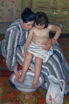 A painting of a mother washing her child with a pitcher and bowl of water.